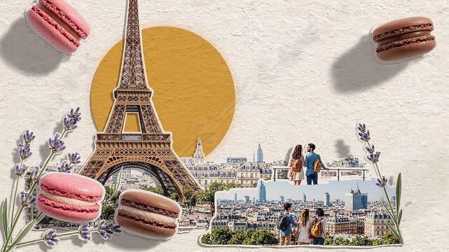 Paris travel collage animation features paper cutouts of the Eiffel Tower colorful French macarons and blooming lavender sprigs over a textured background.