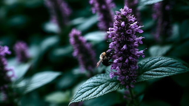 A bee is perched on a purple flower spike amidst lush green foliage in a garden setting with shallow depth of field
