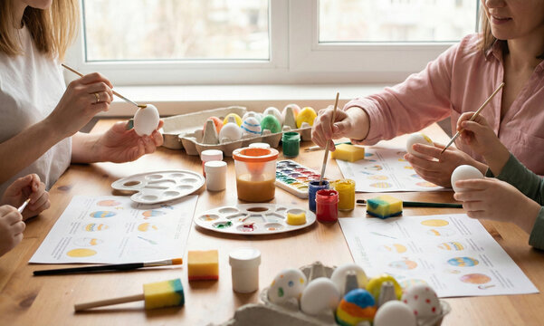 Family painting Easter eggs at a table by the window, holliday