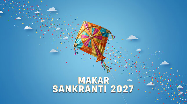 Makar Sankranti 2027 Celebration With Colorful Vibrant Kite Flying In A Clear Blue Particle Sky
