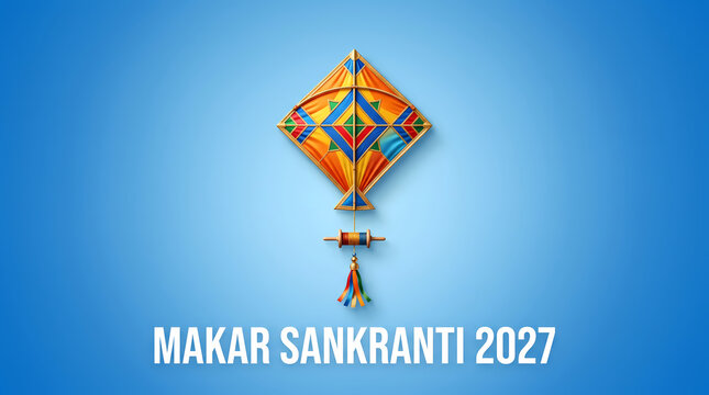 Makar Sankranti 2027 Celebration Poster With Vibrant Traditional Indian Kite On Blue Background