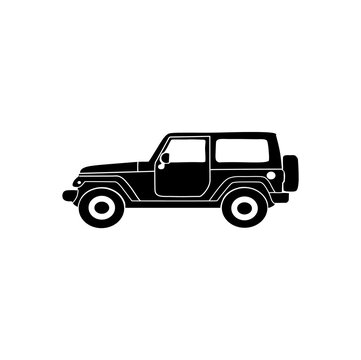 black silhouette illustration of a classic 4x4 off-road SUV truck, side view profile, isolated on a white background. Ideal for adventure, camping, extreme sports, and overland designs