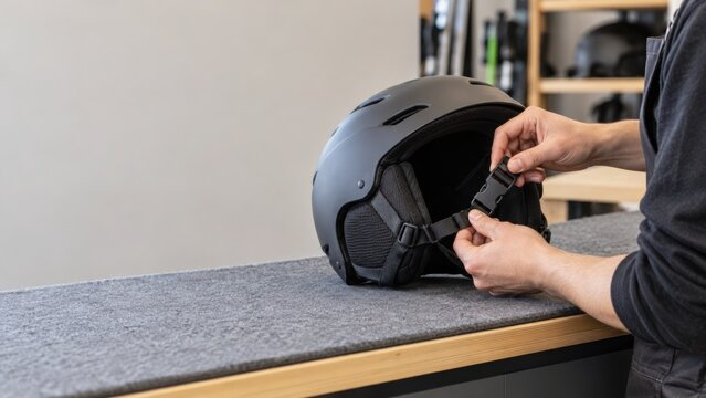 Rental worker inspecting the buckle of a plain protective helmet