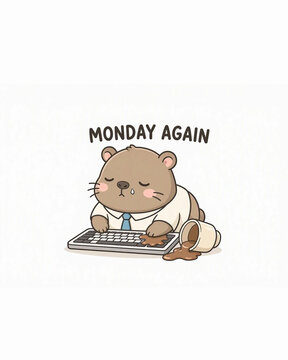 Exhausted cartoon bear working in an office with a spilled coffee cup and keyboard saying Monday again cute animal illustration