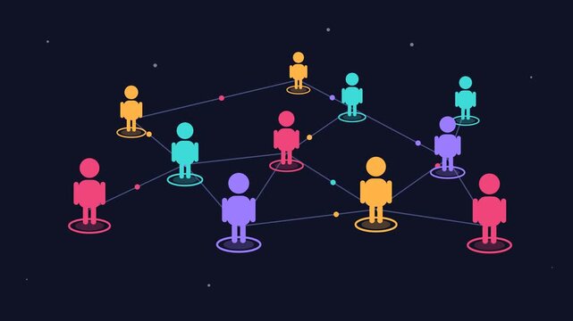 Animated colorful people network with connected people and glowing links on dark background for social community and teamwork concept. 4k video