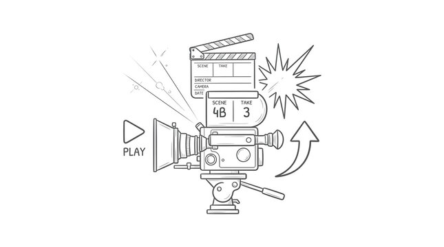 Movie camera with clapperboard isolated on transparent background for film production cinema cutout video filmmaking broadcast media recording equipment studio entertainment director clapper slate art