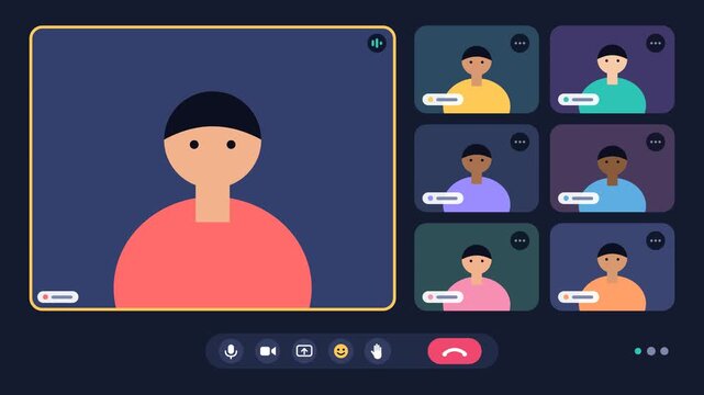 Animated flat design virtual meeting interface with speaker and participants grid and call control buttons for online video conference concept. 4k video
