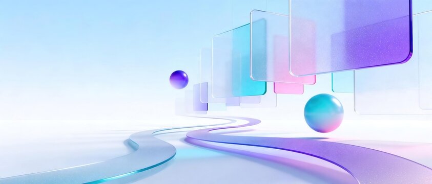Floating transparent gradient glass square panels with colorful spheres and winding road path on clean light background modern abstract futuristic technology concept