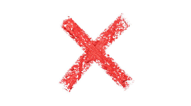 Red lipstick cross mark isolated on transparent background for correction and feedback design cutout symbol makeup cosmetic texture stroke smear sign negative reject error wrong denied failure review