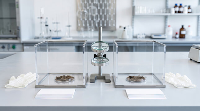 Forensic Comparison Microscope Setup with Soil Samples in Laboratory Petri Dishes for Scientific Analysis