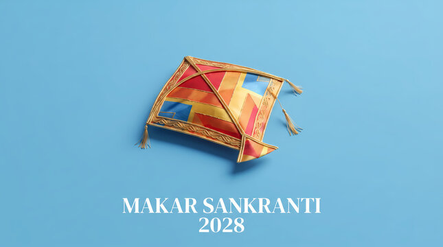 Colorful Decorative Golden Kite For Makar Sankranti Festival 2028 Celebration Over Minimal Blue Background