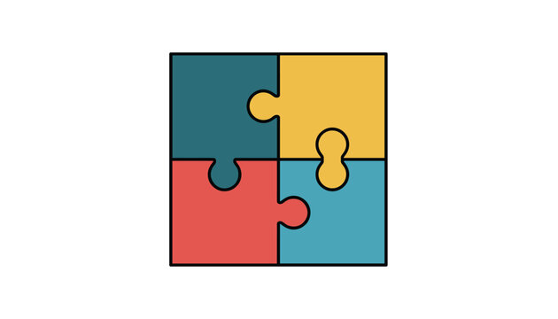 Four interlocking jigsaw puzzle pieces in a square shape with distinct colors representing teamwork and solutions.