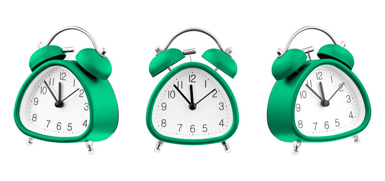 Collection of modern Green analog alarm clocks with a unique triangular shape shown from different perspectives. Great for time management, morning routine, or deadline concepts.