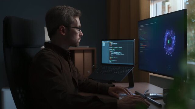 Side view of software engineer using AI digital assistant on his computer while programming at home office workspace with artificial intelligence interface on screen. Vibe coding, AI agents concept.