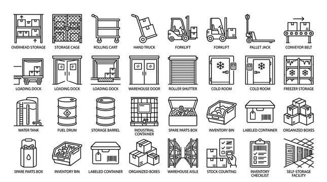 Modern Warehouse and Storage Outline Icons Featuring Boxes Containers Shelving Pallets Stockrooms Garages and Inventory Management