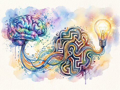 Human brain anatomy connected with complex puzzle maze path leading to glowing light bulb symbol for creative thinking process solving difficult mental challenges through cognitive skills and