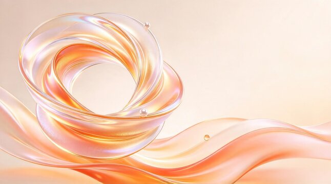 Abstract beautiful twisted glass-like fluid wave with warm orange pink gradient and small pearls on soft light background for elegant design decoration.