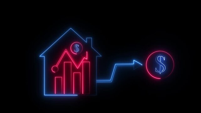 Glowing investment neon red and blue color business graph sign icon animation dollar money finance chart arrow report profit profit diagram investment success sign