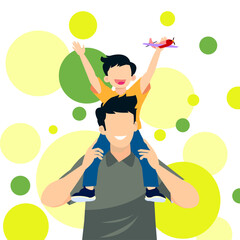 Fototapeta premium Father carrying young son on shoulders holding red toy airplane happy together celebrating Father's Day conceptual illustration