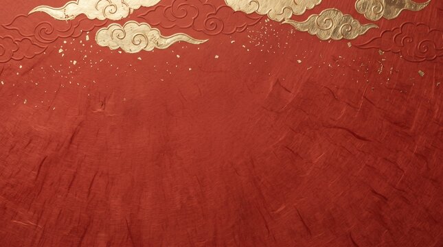 Traditional Japanese red washi paper wallpaper with elegant gold leaf cloud pattern framing the upper margin