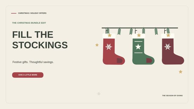 Christmas stocking bundle offers animation with festive stockings, grouped products and holiday deal presentation, clean retail motion graphic for seasonal sales, ecommerce bundles and gift promotions