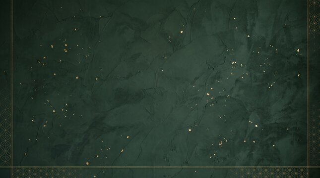 Luxury dark green plaster wall background with gold leaf specks and delicate asanoha geometric border frame