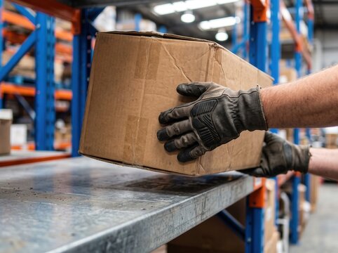 Warehouse worker lifting cardboard box logistics storage