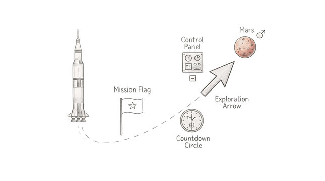 Rocket launch mission to Mars illustration isolated on transparent background for space exploration projects arrow countdown clock flag star control panel planet astronomy science vector cutout travel