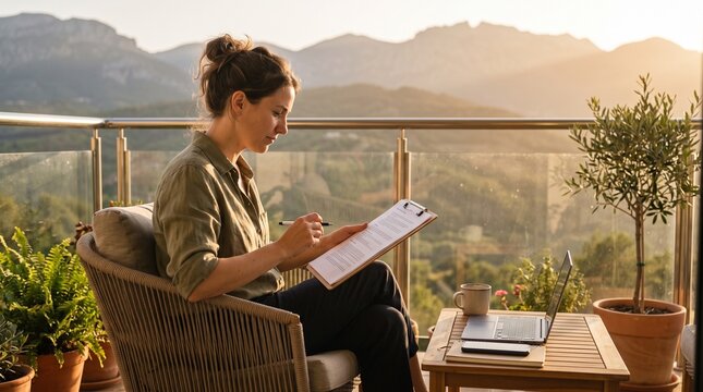 A young woman reading documents on a resort balcony against the backdrop of a picturesque mountain landscape. Remote Work & Digital Nomad