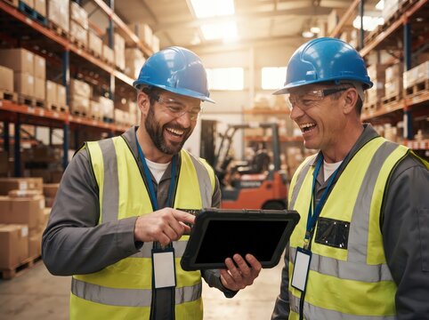 Warehouse workers smiling reviewing digital tablet logistics management