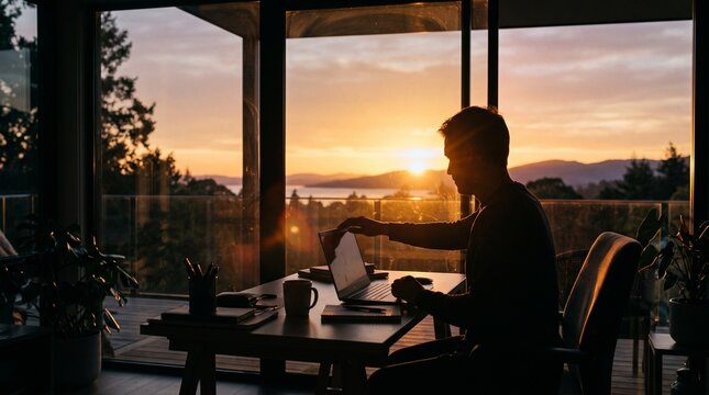 Person closing laptop at sunset after a productive remote workday  