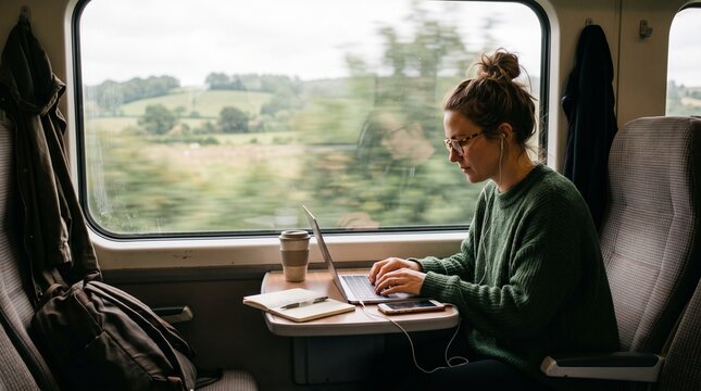 A person working on a laptop while traveling by train. Remote Work & Digital Nomad  