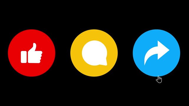Social Media Like Comment Share Button Click Animation with Hand Cursor, Color Changing Icons, Interactive Social Network Engagement and User Interface Motion Graphics...