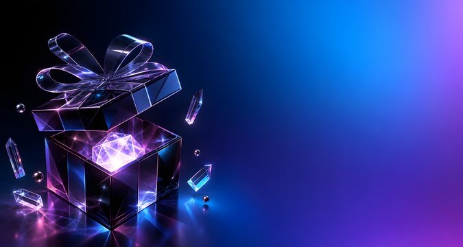 Glowing 3D gift box with glowing diamond crystal and neon light background