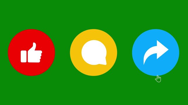 Social Media Like Comment Share Button Click Animation with Hand Cursor, Color Changing Icons, Interactive Social Network Engagement and User Interface Motion Graphics...