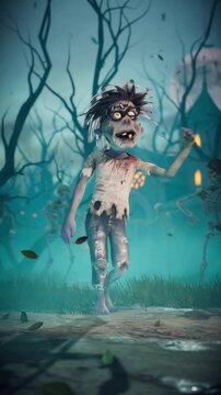 Halloween party. Funny zombie and skeletons dancing in a scary gothic graveyard. 3D animation.