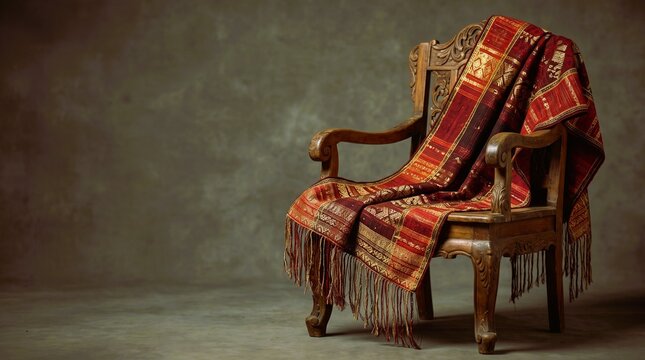 Vintage wooden armchair with traditional batik patterned fabric fabric wrap in a textured studio setting
