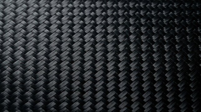 A close-up shot of a black carbon fiber material. The image showcases the intricate woven pattern of the material, highlighting its texture and depth.