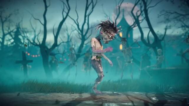 Halloween party. Funny zombie and skeletons dancing in a scary gothic graveyard. 3D animation.