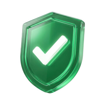 Shiny green shield icon with a white check mark symbol for safety and security