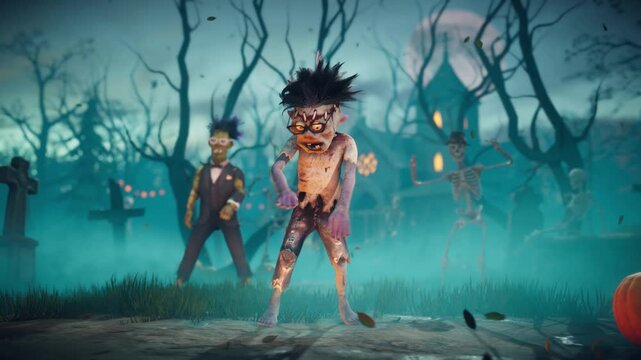 Halloween party. Funny zombie and skeletons dancing breakdance  in a scary gothic graveyard. 3D animation.