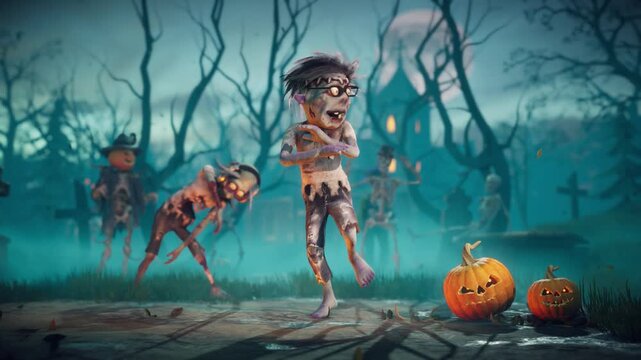 Halloween party. Funny zombie and skeletons dancing hip hop and breakdance in a scary gothic graveyard. 3D animation.