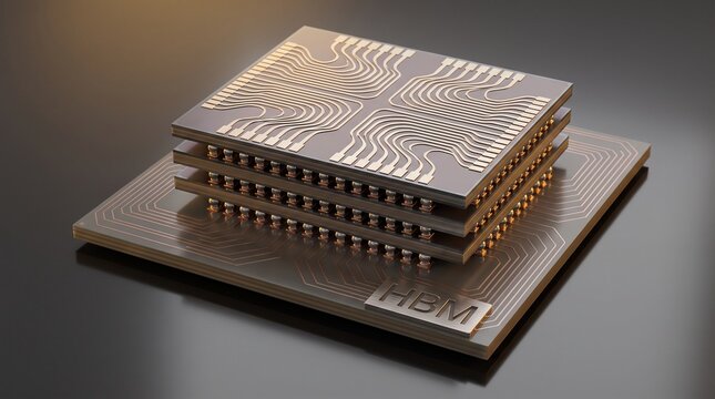 3D render of vertically stacked HBM architecture