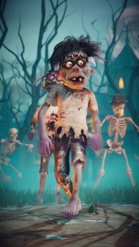 Halloween party. Funny zombie and skeletons dancing hip-hop in a scary gothic graveyard. 3D animation.