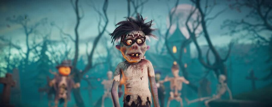 Funny Cartoon Zombie Dancing in Scary Graveyard on Halloween
