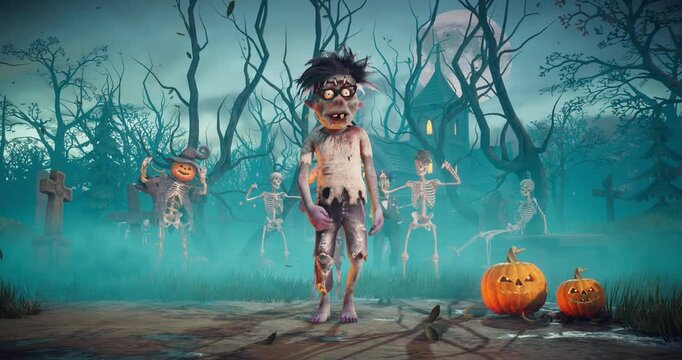 Halloween Party Animation with Cute Zombie and Dancing Skeletons