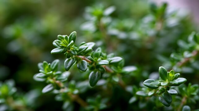 Close up of vibrant green thyme plant with detailed leaves and stems in soft focus natural background