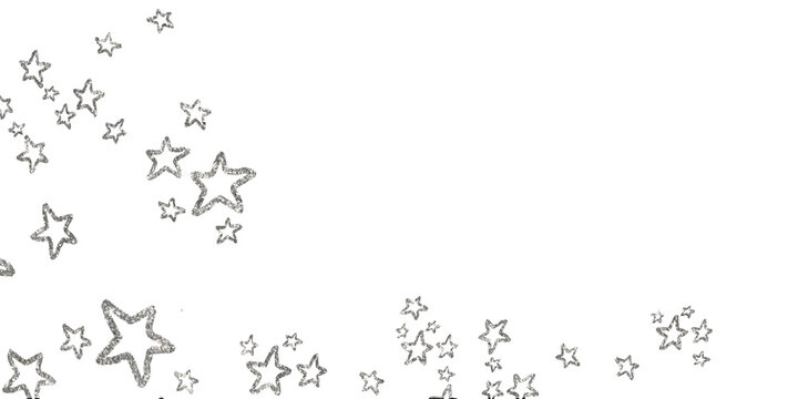 Silver stars sparkling dust particles overlay on transparent background. Glowing foil glitter trail and stardust effect. Silver stars foil pieces flake.  luxury metallic stars cards, summer wallpapers