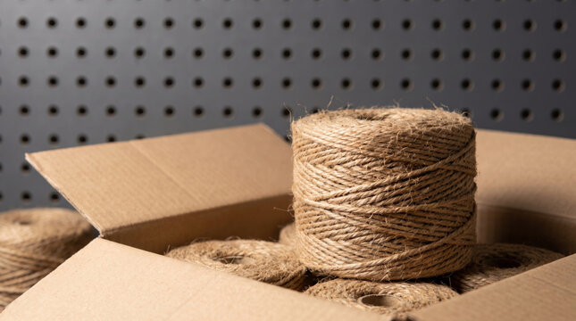 Sustainable retail shipping package with natural fiber spool. Small business commerce renewable cardboard box parcel delivery logistic distribution recycling conservation