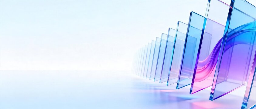 Row of transparent gradient blue glass panels arranged in perspective with wavy pink blue wave shape inside on light clean background showing modern abstract tech design